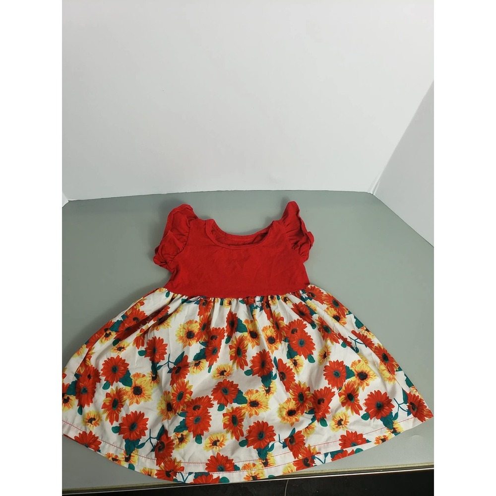 Toddl Girls Red Floral Dress Size 80 Cotton Puff Sleeve Dress 3T-4T appox.